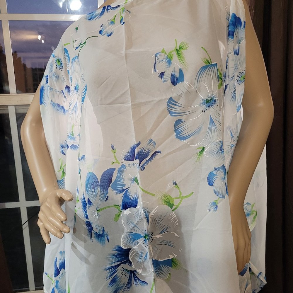 White and Blue floral sheer cape-sleeve poncho